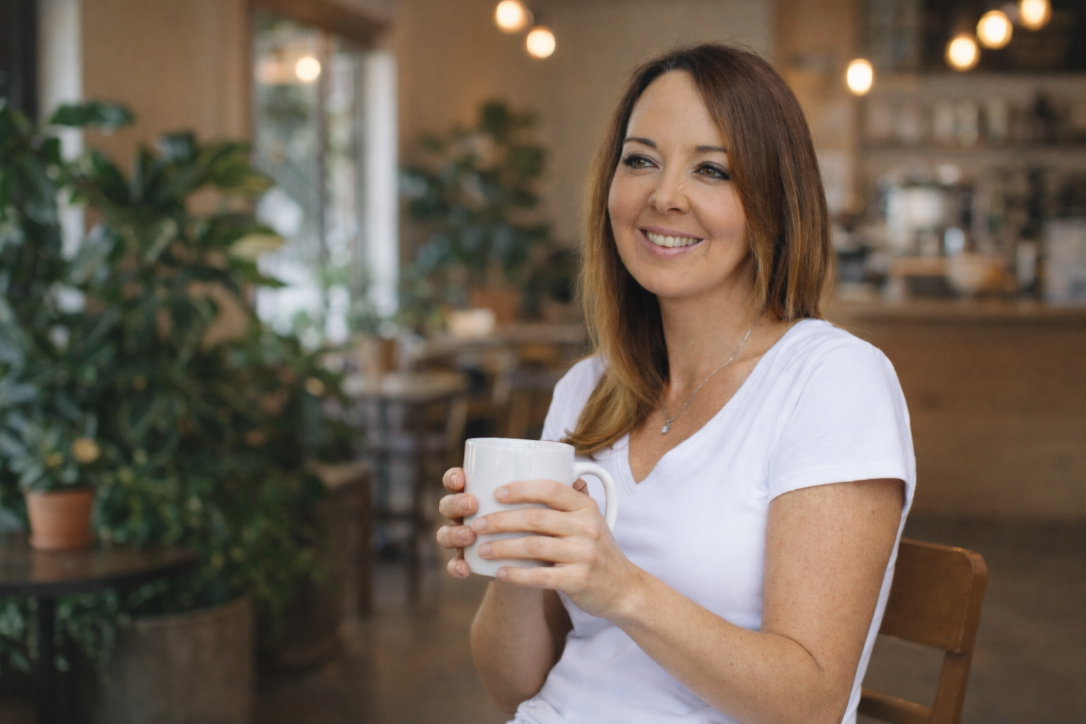 Kerry O'Connell with a coffee in a warm cafe