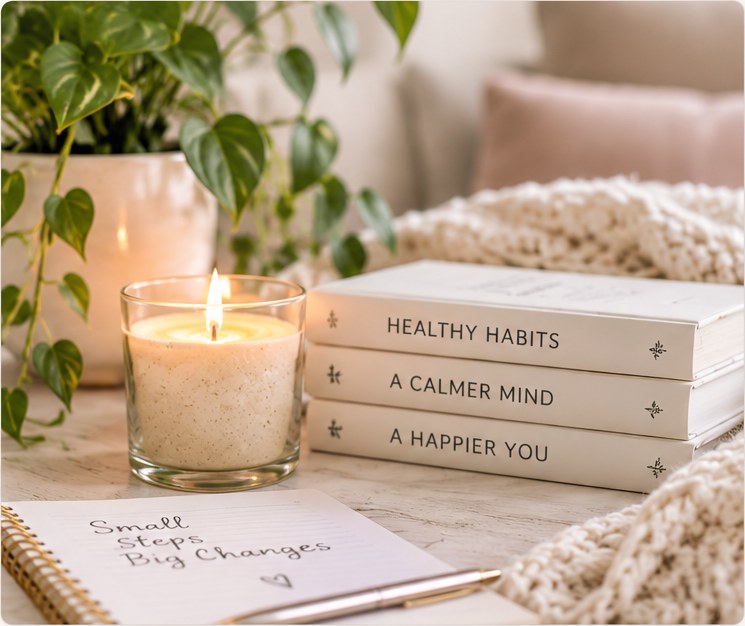 A calm wellbeing scene with a candle, journal, plants and books
